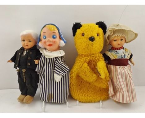 A CHAD VALLEY ANDY PANDY HAND PUPPET together with a CHAD VALLEY CHILTERN TOYS SOOTY HAND PUPPET and two Dutch composition DO