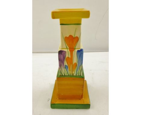 CLARICE CLIFF A BIZARRE EARTHENWARE GRADUATED CANDLESTICK, shape 392, in all over crocus pattern, 17.5cm high 