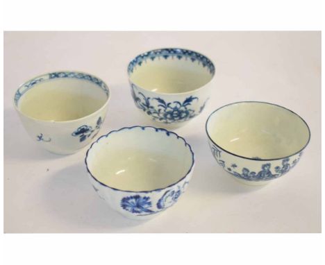 Four 18th century English porcelain teabowls including Worcester and Liverpool examples with blue and white decoration 7cm di