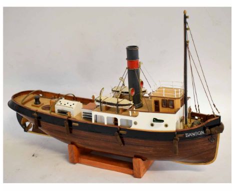Vintage scratch built South American model boat, The Sanson, on a wooden display stand, 60cms wide x 40cms tall 