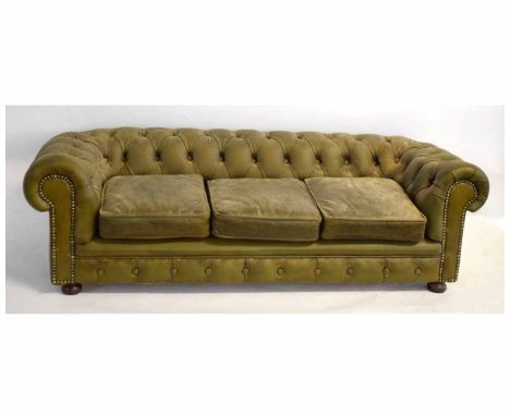 Good quality apprentice piece three-seater leather Chesterfield sofa with decorative buttoned detail, with three cushions, ra