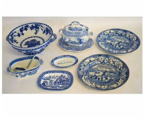 Group of Victorian Staffordshire blue and white wares including lidded sauce tureen, blue printed mark Thessalian (C.M.), cir