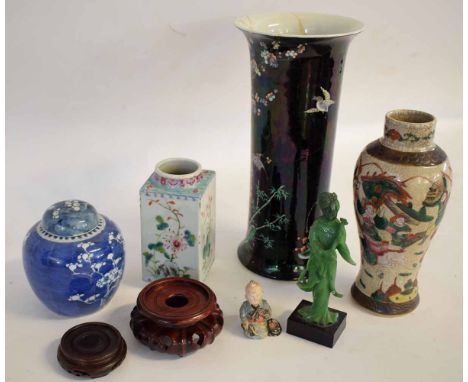 Mixed Lot: Oriental wares to include Japanese black ground cylinder vase with painted blossom tree decoration, a further Chin