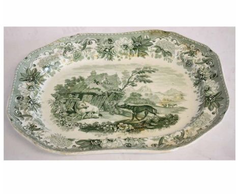 Spode "Aesop's Fables" green printed plate "The Sow and the Wolf", (see labels under), 33cms x 42cms, minor edge losses 