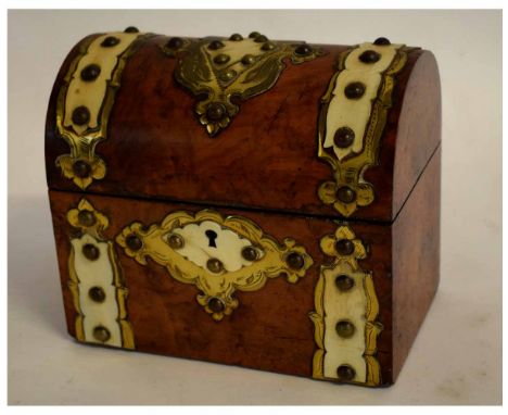 19th century walnut dome top two-sectional tea caddy with brass and ivory mounts, 18cms wide x 18cms tall  