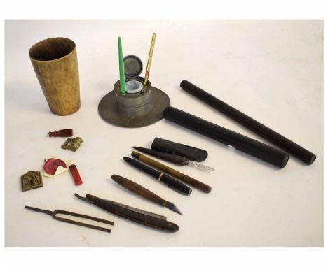 19th century pewter capstan inkwell, a further horn beaker, vintage brass combination lock, cut-throat razor, tuning fork, tw