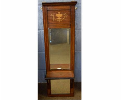 Edwardian mahogany and inlaid small pier mirror with inlaid urn detail with open shelf, 28cms wide x 94cms tall 