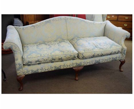 Queen Anne style walnut hump back three-seater sofa with scroll arms with blue and cream acanthus leaf upholstery, with pad f