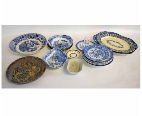 Group of Victorian Staffordshire blue and white wares including meat plates, wall plate, dinner plates and unusual toast rack