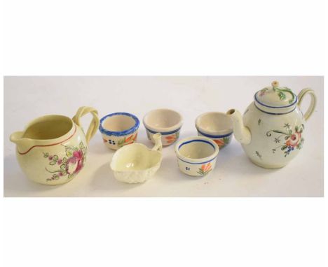 Late 18 century pearlware bachelor teapot and jug together with pearlware butter boat and 4 small Quimper bowls, The teapot 1