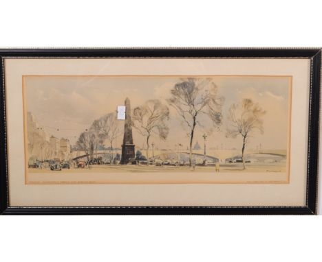 A 1950's Western Region Railway Carriage print of London Cleopatra’s Needle and Embankment, after a watercolour by Jack Merri