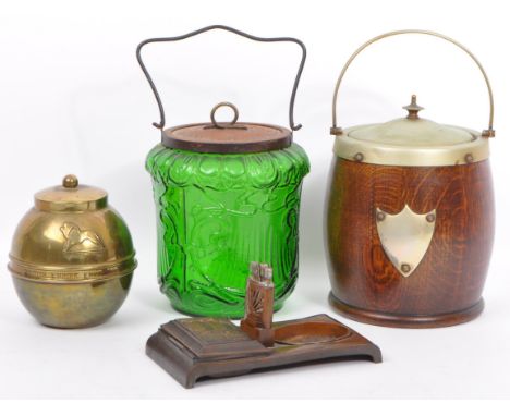 A collection of early 20th Century 1900s vintage Art Deco barrels with deco cigarette set. To include Art Nouveau pressed gla