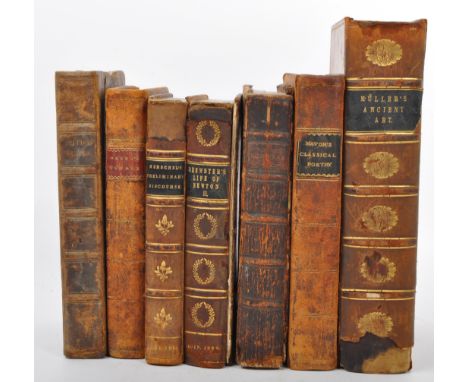 A collection of seven 19th century leather bound books with leather spines. To include: 'Mullers Ancient Art' - Ancient Art a