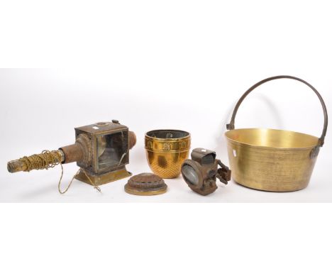 A large collection of 20th Century brass items, to include An early 20th Century brass motor car side lamp (unmarked), with a