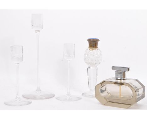 Wedgwood clear glass trio of thin single sconce candlesticks together with a 1930s Art Deco coloured glass brutalist manner p