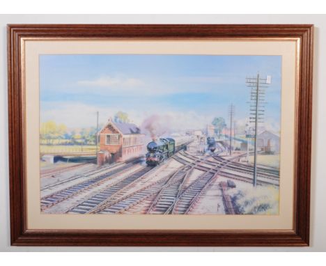 Alan Ward – GRA (British 20th century) A Framed print of railway station with locomotive and carriages passing through.&nbsp;