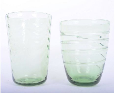 Two vintage mid 20th century circa 1960s Whitefriars studio art glass vases. The lot comprising of a green ribbon trailed gla