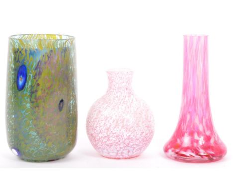 A small collection of three 20th century studio art glass vases to include a Caithness bud vase ina cranberry and white colou