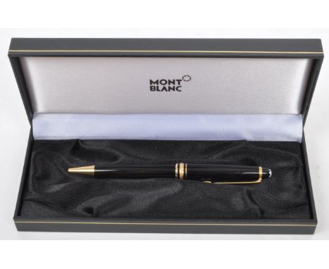 A Mont Blanc Meisterstuck biro pen in black being complete with a Mont Blanc case having paperwork manual. Engraved 'MR' to u