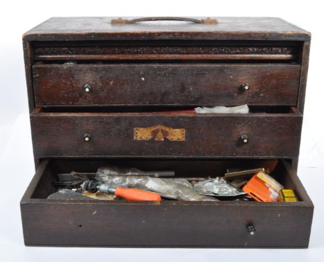 A WWII / World War 2 RAF tool box with various tools, screws, nuts &amp; bolts. Consists of four internal trays / draws with 