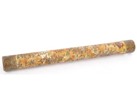 A late 19th / early 20th century Chinese scroll holder in tube form, constructed from gilt metal being adorned with a hand pa