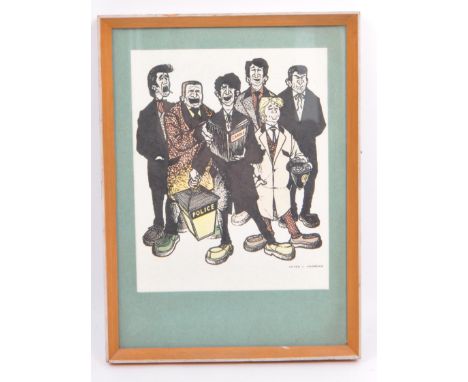 A vintage 1970's pen and ink scene of teddy boys singing Christmas carols by the light of a police lantern. The initial print