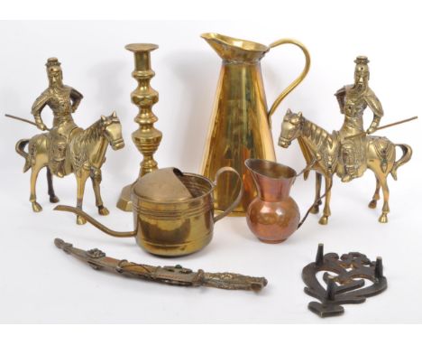 A collection of 20th Century brass items to include Joseph Sankey jug, candlestick, chinese / samurai stone set figures on ho