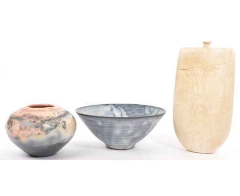 A collection of contemporary Australian studio art pottery. Comprising of Saggar fired ceramics bulbous body with marble effe