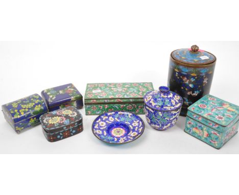 A collection of early 20th century and later Chinese cloisonne enamelled wares to include lidded pots, tea caddy and pen box.