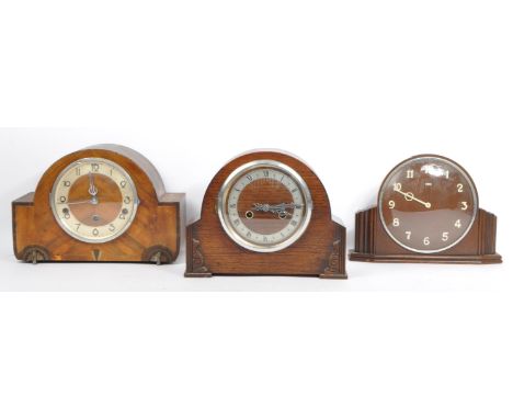 An interesting trio of mantle clocks to include an art deco example with full chiming function, inlay veneer to case and exte