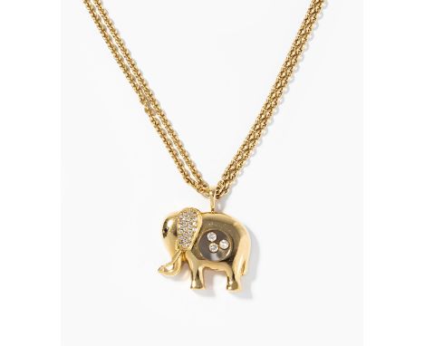 Chopard Elefant-Anhänger mit KetteSigniert "LUC Chopard". 750 Gelbgold. Elefant mit 3 gleitenden Brillanten, brillantbesetzte