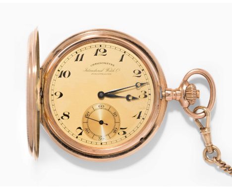 IWC Gold-Savonette-Taschenuhr, 1914Radial guillochiertes Dreideckel-Rotgoldgehäuse (585) Nr. 607318, champagnerfarbenes Ziffe