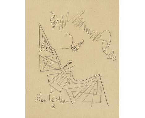 Cocteau, Jean(Maison-la-Fitte 1889–1963 Milly-la-Fôret)Portrait. Bleistift auf Papier. Unten rechts in Bleistift signiert. Un