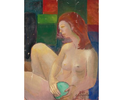 Di Cavalcanti, Emiliano (1897 Rio de Janeiro 1976) Mulher ruiva com bola (Portrait von Ivete). 1972. Öl auf Leinwand. Unten r