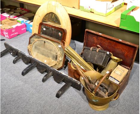 + Four assorted wall mirrors, a coal helmet, pine box containing assorted brassware, stair rods, fire irons etc