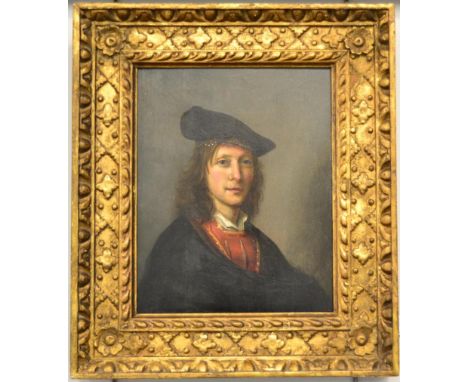 > Manner of Rembrandt van Rijn (1606-1669), Portrait of a young gentleman, head and shoulders, wearing a black velvet cap, oi
