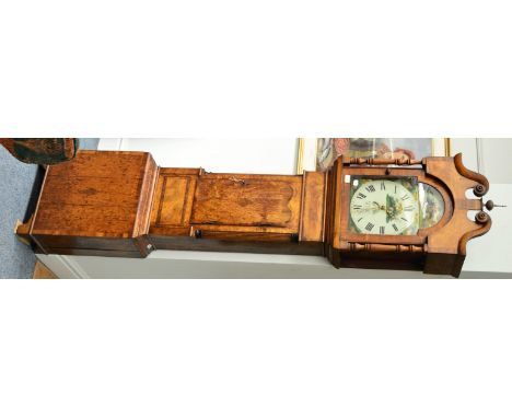 An oak and mahogany thirty hour longcase clock, B.Edwards, Knowle, circa 1830, swan neck pediment, 12-inch painted arched dia