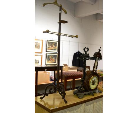 = A modern valet stand, a cast iron stick stand with drip tray and a Victorian carved walnut barometer