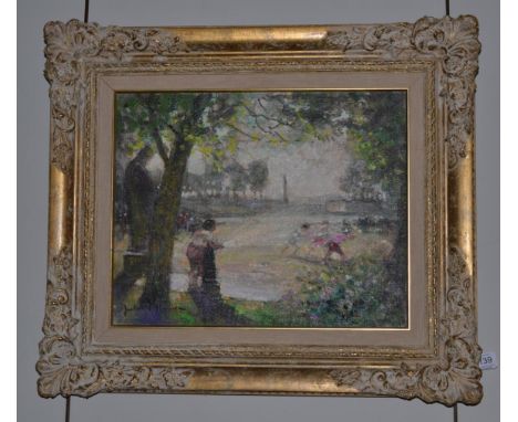 Jules R Herve (1887-1981) Children Playing with a hydrant in a park, signed, signed verso, oil on canvas, 32cm by 40cm