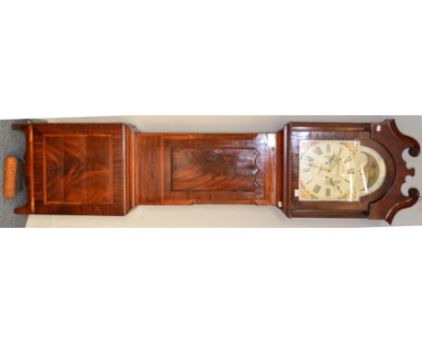 A mahogany eight day longcase clock, signed George Esplin, Wigan, circa 1830, swan neck pediment, 14-inch painted arched dial