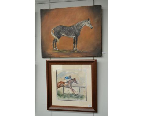 Peter Curling (b.1955) A Jockey on a racehorse, signed and dated (19)70, pencil and watercolour, together with a further oil 