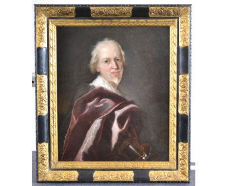 > Continental School (18th century) Portrait of a gentleman half length, with a beard wearing armour with a red cloak, oil on