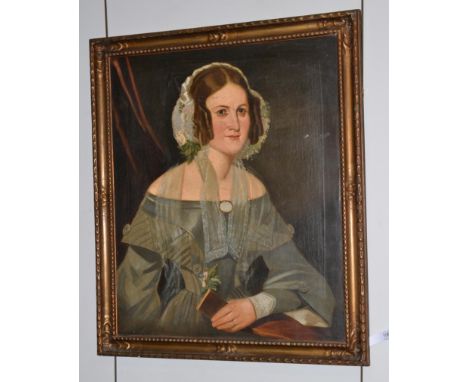 Follower of Margaret Carpenter (19th century) Portrait of a lady, half length, wearing a teal coloured dress trimmed at the c