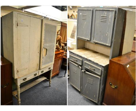 + A vintage metal kitchen cabinet and 19th century double door painted cupboard on later base