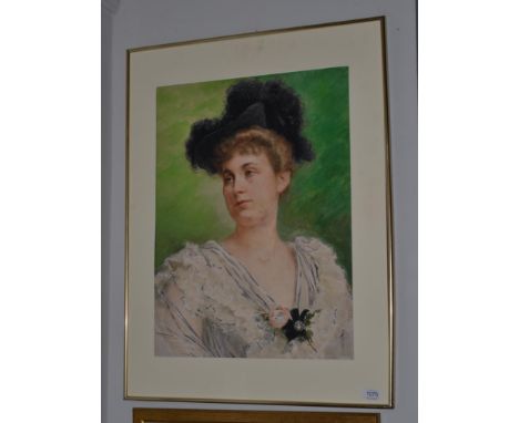 Fernand Toussaint (1873-1956) Portrait of an elegant lady, head and shoulders wearing a black hat with ostrich feather plumes