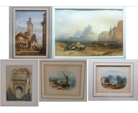 Attributed to Thomas Shotter Boys (1803-1894) Continental town with figures, indistinctly signed, watercolour, together with 
