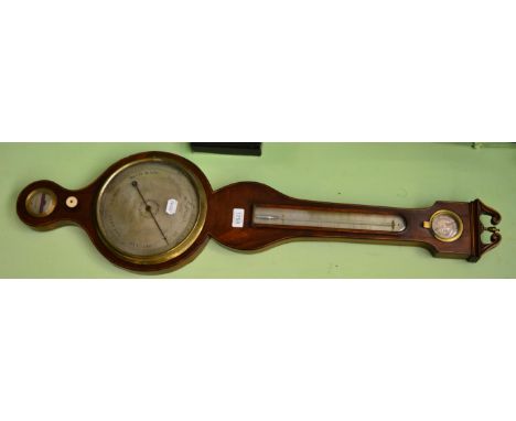 A mahogany wheel barometer, swan neck pediment, hygrometer, thermometer box, 8-inch silvered dial, silvered spirit level dial