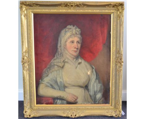 Circle of John Hoppner RA (1758-1810) Portrait of a lady, half length, wearing a white dress, pale blue shawl and white lace 