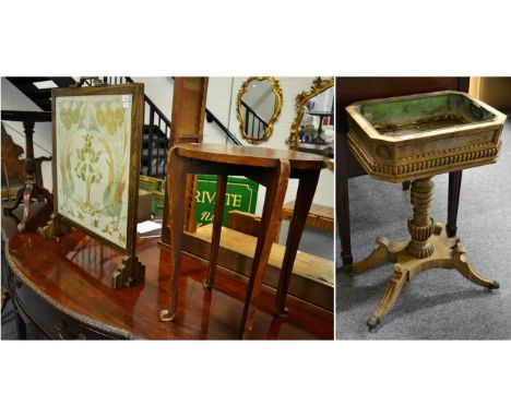 A George IV mahogany planter table (in need of restoration), a George III style flip top tripod table, a 1930's fire screen a