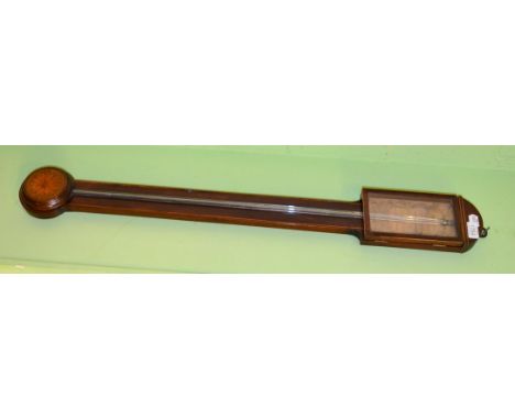 *A mahogany stick barometer, early 19th century, arched top, inlaid cistern cover and stringing to the borders, later paper d